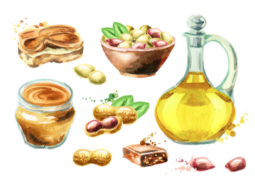 Peanut products set. Watercolor hand drawn
