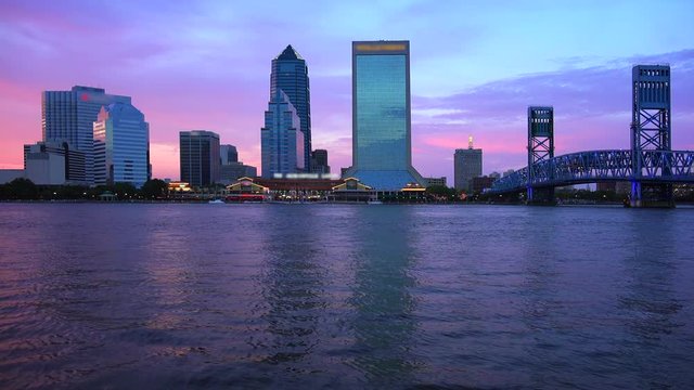 Jacksonville, Florida city skyline over the St. John's River at sunset (logos blurred for commercial use)