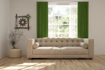 White room with sofa and green landscape in window. Scandinavian interior design. 3D illustration