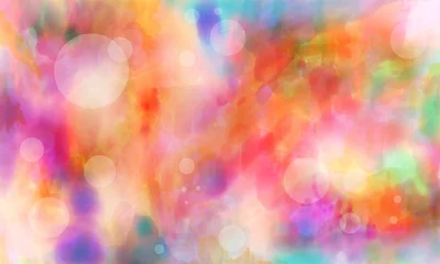 heller bunter digitaler aquarellfarbenhintergrund mit weißen transparenten kreisen blasen oder bokeh lichtern auf rosa lila blauen grünen und roten farben © Arlenta Apostrophe