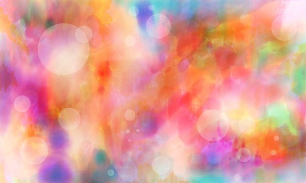 bright colorful digital watercolor paint background with white transparent circles bubbles or bokeh lights on pink purple blue green and red colors
