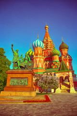 Statue of Minin and Pozharsky against the background of St. Basil's Cathedral in Moscow on Red Square