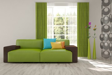 White room with sofa and green landscape in window. Scandinavian interior design. 3D illustration