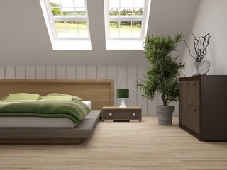 White bedroom with green landscape in window. Scandinavian interior design. 3D illustration