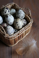 Naklejka na ściany i meble Quail eggs in a basket on a wooden surface