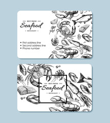 Seafood hand drawn vector business card. Crab, lobster, shrimp, oyster, mussel, caviar and squid.