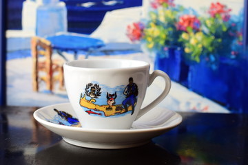 Greek coffee in a traditional cup. Greek lifestyle.