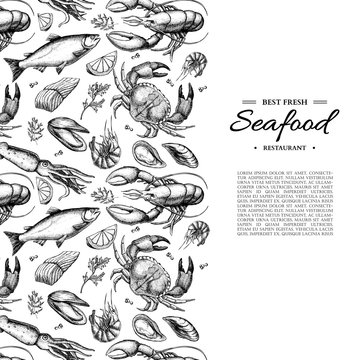 Seafood hand drawn vector framed illustration. Crab, lobster, shrimp, oyster, mussel, caviar and squid.