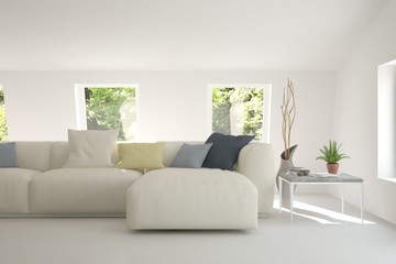 White room with sofa and green landscape in window. Scandinavian interior design. 3D illustration