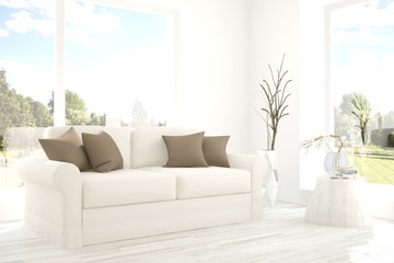 White room with sofa and green landscape in window. Scandinavian interior design. 3D illustration