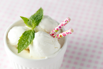 Fresh fruit sorbet ice cream in a white bowl close up.