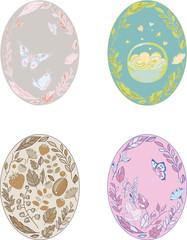 Vector illustration, set. Image of Easter eggs decorated with twigs, flowers, berries and butterflies