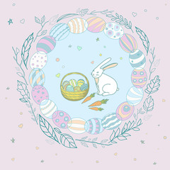 Vector illustration for a holiday of Easter with the image of a basket with Easter eggs and Easter bunny on a background of gentle lavender color