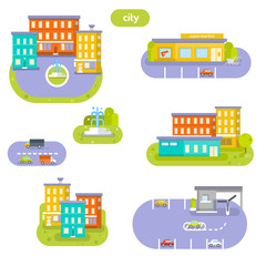 The icons set. Elements of the city. Plaza, fountain, parking, buildings, supermarket, road Vector flat illustration