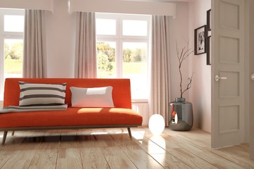 White room with sofa and green landscape in window. Scandinavian interior design. 3D illustration