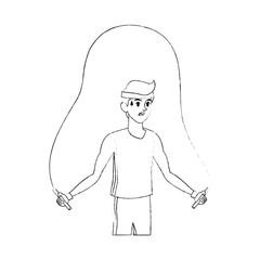 young tired man jumping rope sport icon image vector illustration design  simple sketch line