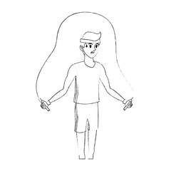 young tired man jumping rope sport icon image vector illustration design  simple sketch line