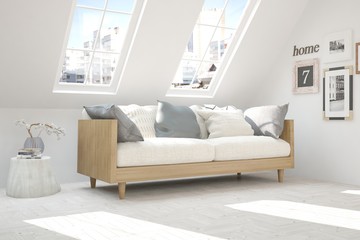 White room with sofa and urban landscape in window. Scandinavian interior design. 3D illustration