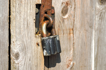 Rusty padlock on wooden garden shed door