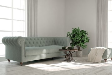 White modern room with sofa. Scandinavian interior design. 3D illustration