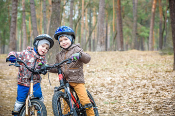 Fototapeta na wymiar Two little siblings having fun on bikes in autumn or spring forest. Selective focus on boy.