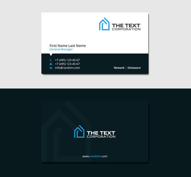 dark flat business card with blue icon of home