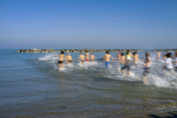 Cimento of winter bathers. Color image
