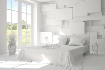 White modern bedroom with green landscape in window. Scandinavian interior design. 3D illustration