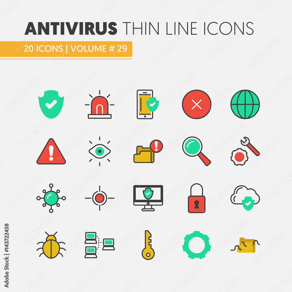 Fototapete internet security data protection linear thin vector icons set with computer and network viruses