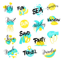 Obraz premium Summer Vacations Hand Drawn Logo Set. Sea Holidays. Retro vector illustration