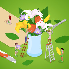 Obraz na płótnie Canvas Miniature People Making Bouquet of Flowers. Florist Shop. Isometric vector flat 3d illustration