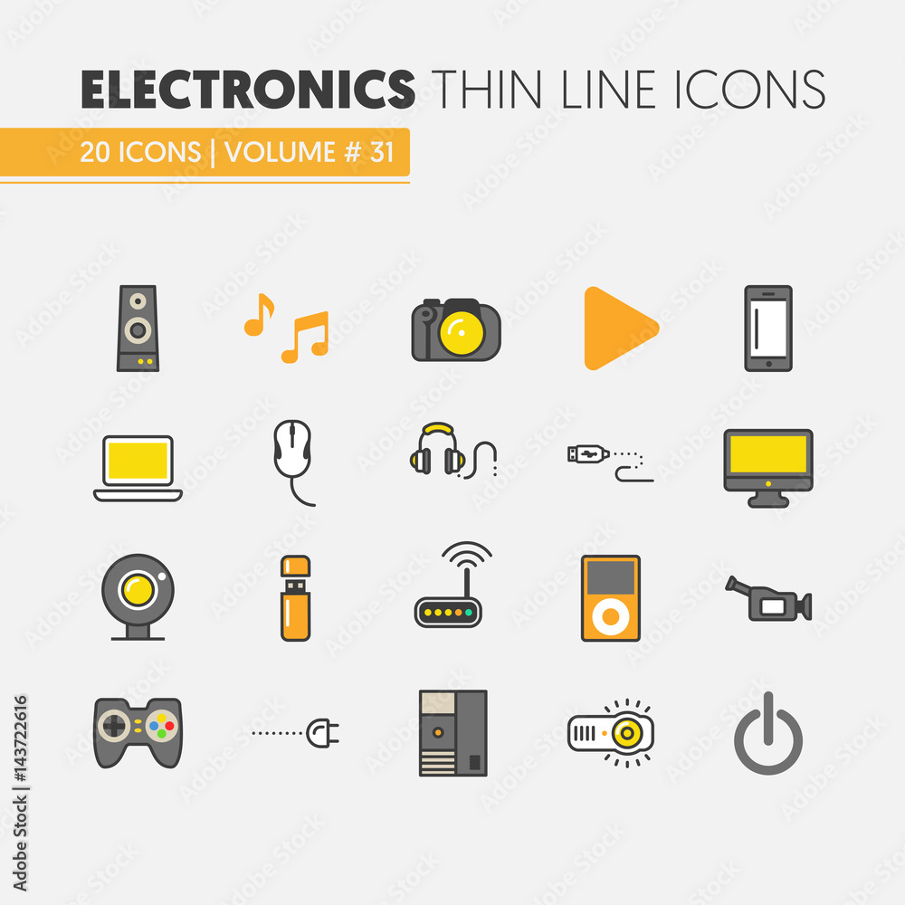 Poster electronics technology thin line vector icons set with computer and gadgets