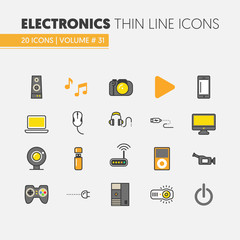 Electronics Technology Thin Line Vector Icons Set with Computer and Gadgets