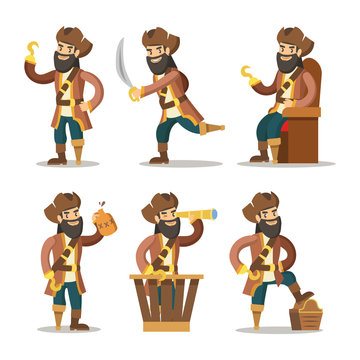 Funny Cartoon Pirate with Sword and Treasure. Vector illustration