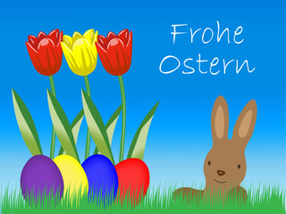 Frohe Ostern Hase mit Eiern und Tulpen