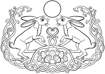 Vector illustration of Easter bunnies pair and eggs black and white. The fertility symbol of antiquity.