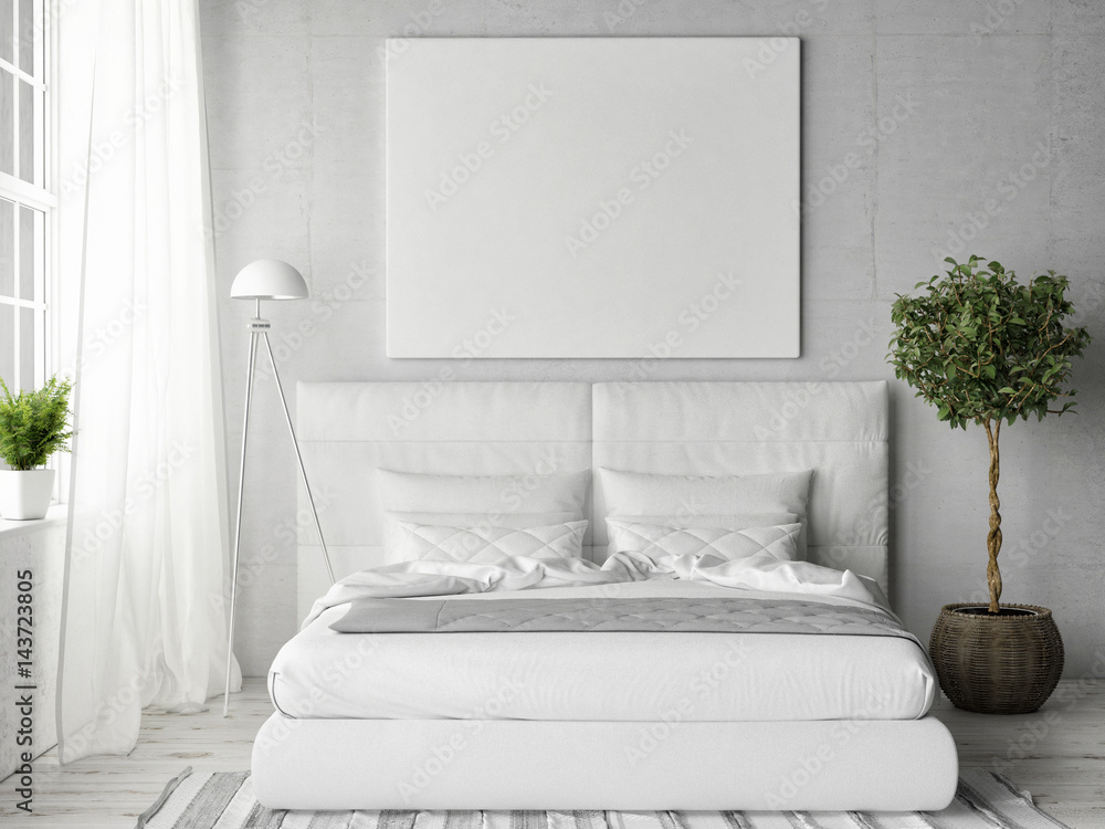 Wall mural mock up poster in white bedroom, 3d illustration