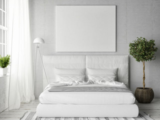 Mock up poster in white bedroom, 3d illustration