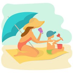 Mom rubs sunscreen the back of your little child on the beach