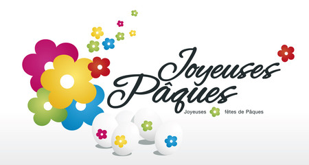 Happy Easter egg hunt color flower white background French text