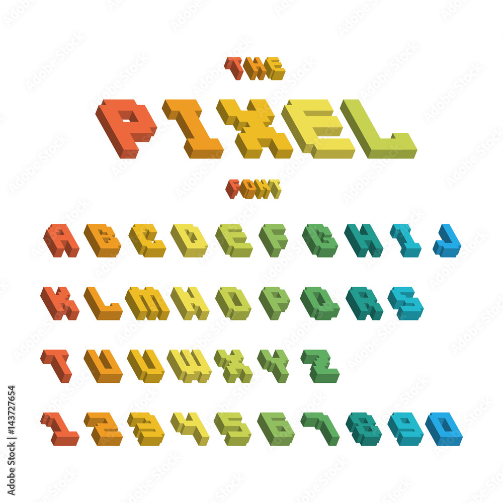 Fototapete pixel retro font video computer game design 8 bit letters numbers electronic futuristic style vector