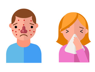 Allergy symbols disease healthcare characters viruses and health flat label people with illness allergen symptoms disease information vector illustration.