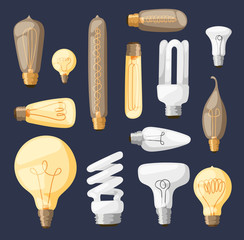 Cartoon lamps light bulb electricity design flat vector illustration set isolated electric icon object bright graphic symbol sign solution energy