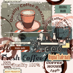 Fototapety  Coffee pattern in retro style with retro labels and spots for design