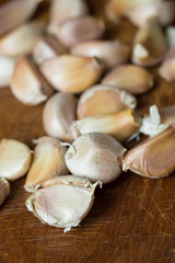 Garlic and garlic press on rustic wooden wooden background