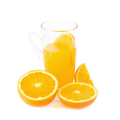 slices of oranges and orange juice isolated on white background