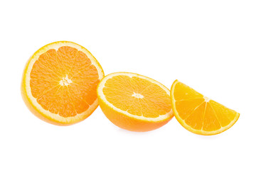 Ripe oranges isolated on white background. Orange in a cut
