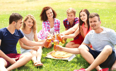 Young friends sitting on grass with pizza and beer