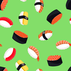 Seamless background with tasty rolls and sushi