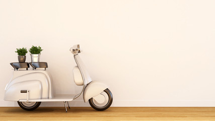 Vintage scooter pearl white with plant on wooden floor-3D Rendering © CHOTi